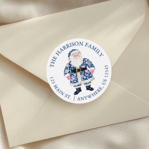 Blue Pink Chinoiserie Toile Santa Claus Address Classic Round Sticker
