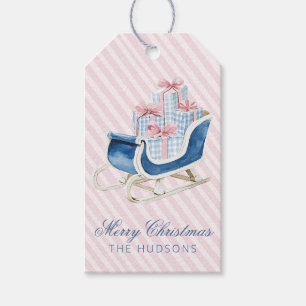 Blue & Pink Christmas Gingham Gifts Sleigh Gift Tags