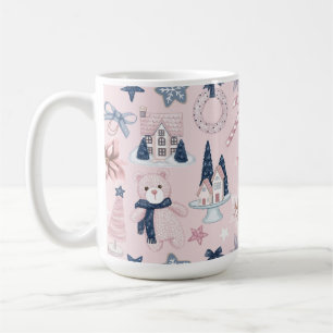 BLUE & PINK CHRISTMAS HOLIDAY TEDDY BEAR & COOKIES COFFEE MUG