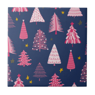 Blue & Pink Christmas Tree Pattern Ceramic Tile