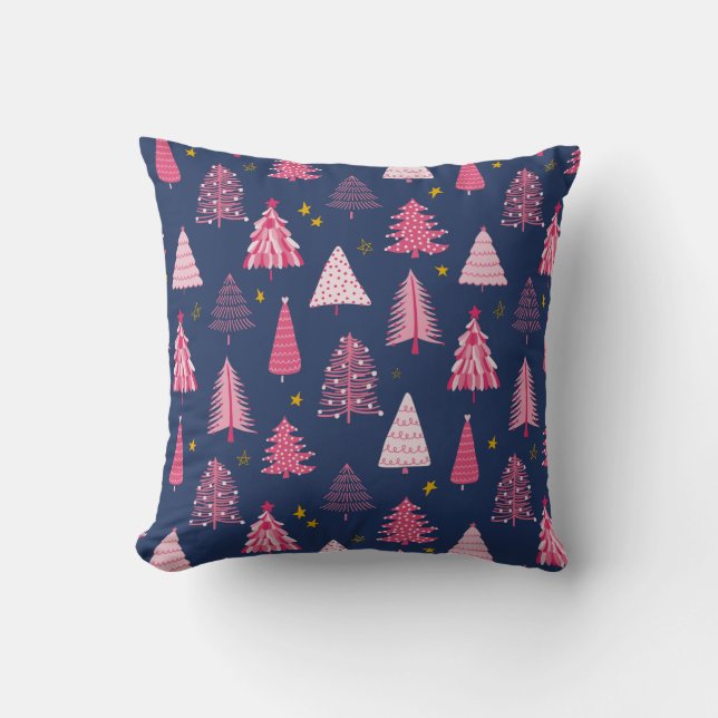Blue & Pink Christmas Tree Pattern Cushion (Front)