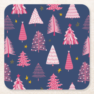 Blue & Pink Christmas Tree Pattern Square Paper Coaster