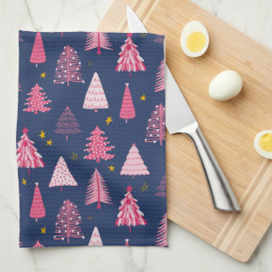 Blue & Pink Christmas Tree Pattern Tea Towel