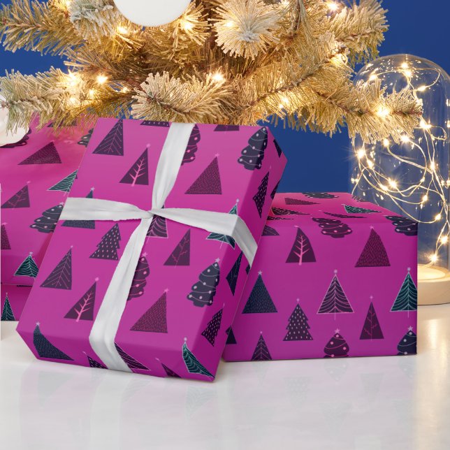 Blue & Pink Christmas Tree Pattern Wrapping Paper (Holidays)