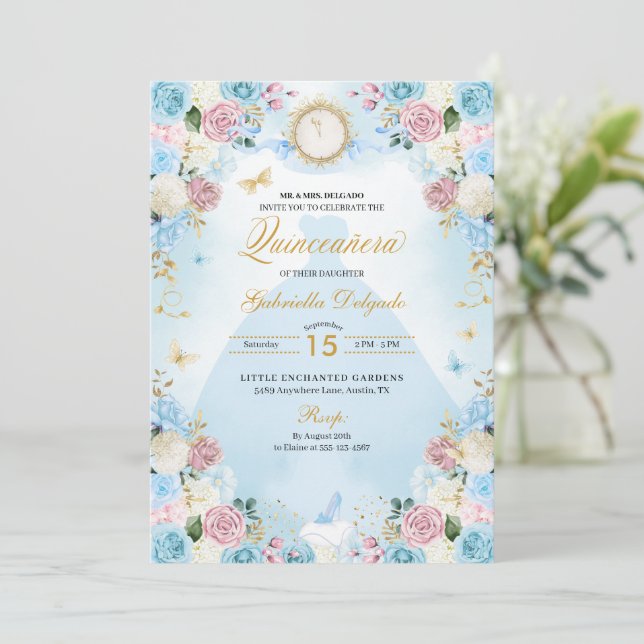 Blue & Pink Cinderella Princess Dress Quinceanera Invitation (Standing Front)