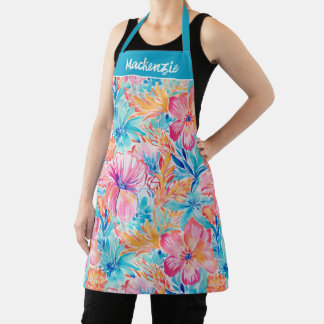 Blue Pink Coral Tropical Flower Custom Name Apron