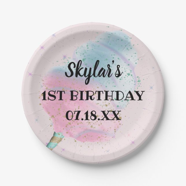 Blue Pink Cotton Candy BronzeGold Glitter Birthday Paper Plate (Front)