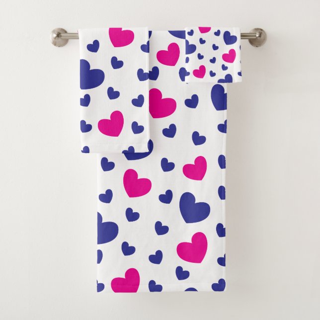 Blue Pink Cute Hearts Valentines Day Pattern Bath Towel Set (Insitu)