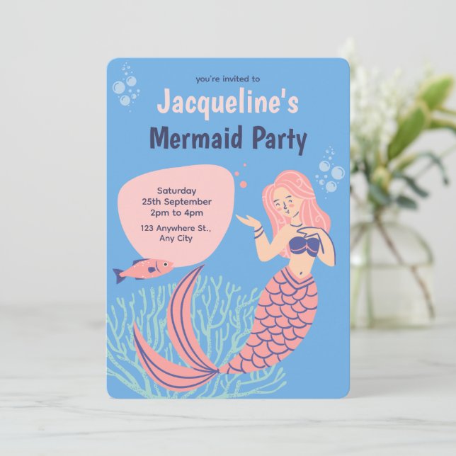 Blue Pink Cute Mermaid Party Birthday Invitation (Standing Front)
