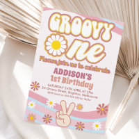 Blue Pink Daisies Peace Sign Groovy One Birthday