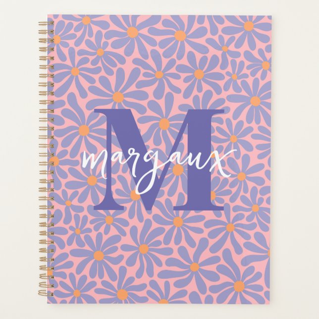 Blue/Pink Daisy Floral Personalized Monogram Name Planner (Front)