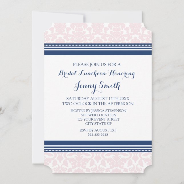 Blue Pink Damask Bridal Lunch Invitation Cards (Back)