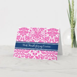 Blue Pink Damask Thank You Bridesmaid Cousin