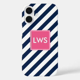 Blue Pink Diagonal Stripes Monogram iPhone 16 Case