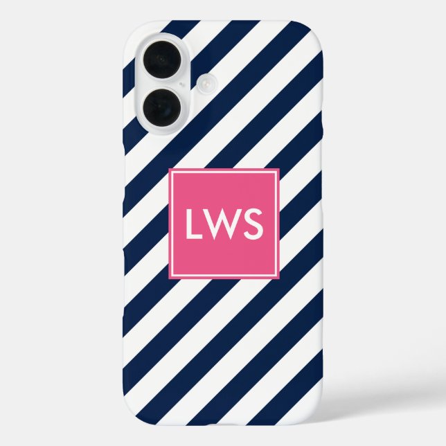 Blue Pink Diagonal Stripes Monogram Case-Mate iPhone Case (Back)