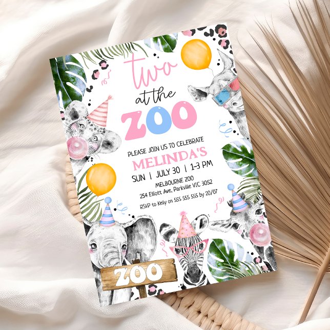 Blue Pink Drawn Safari Two The Zoo 2nd Birthday Invitation (Two The Zoo 2nd Birthday Invitation Girl, Zoo Birthday Party Invitation Template, Zoo Party Invite )