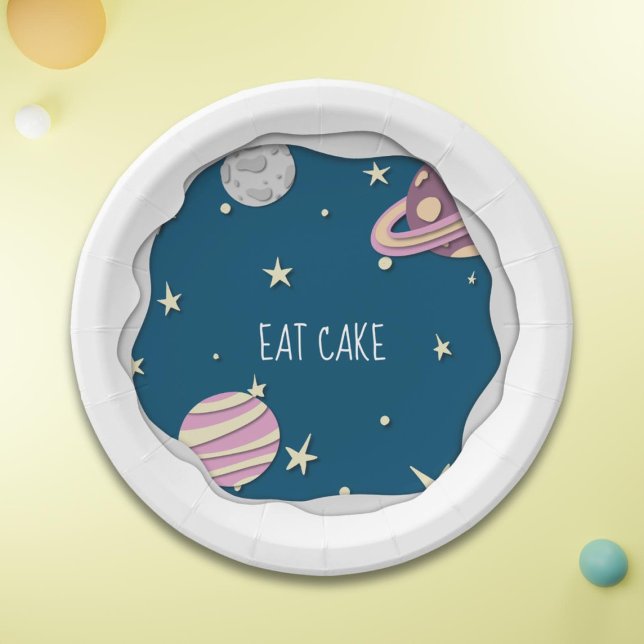 Blue Pink Eat Cake Galaxy Stars & Planets Paper Plate (Creator Uploaded)