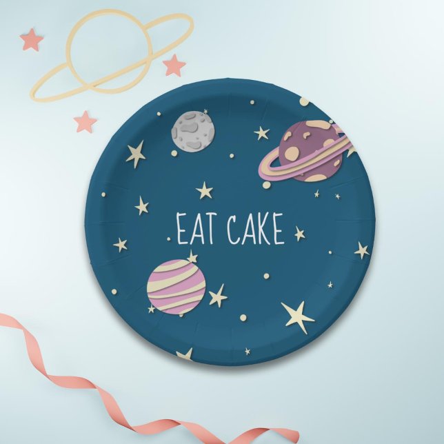 Blue Pink Eat Cake Space Yellow Stars Paper Plate (Creator Uploaded)