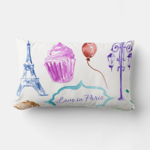 Blue Pink Eiffel Tower Paris Watercolor Art Lumbar Cushion
