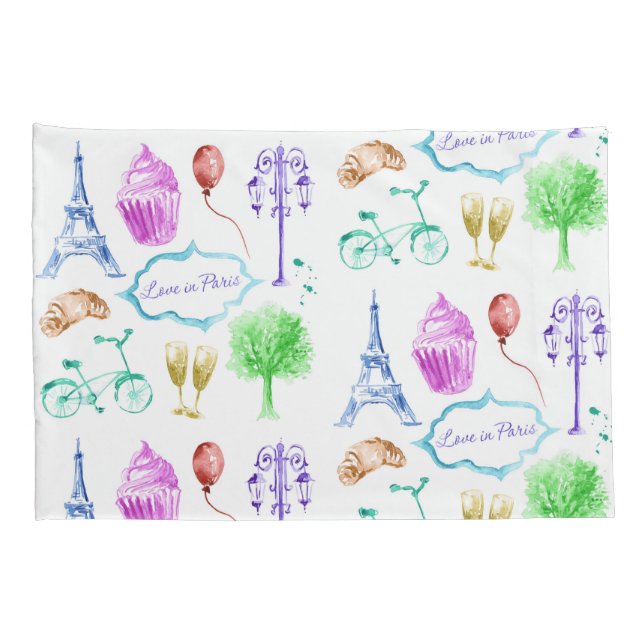 Blue Pink Eiffel Tower Paris Watercolor Art Pillowcase (Back-Right)