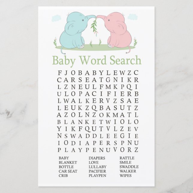 Blue Pink Elephant Baby Shower Word Search Game (Front)