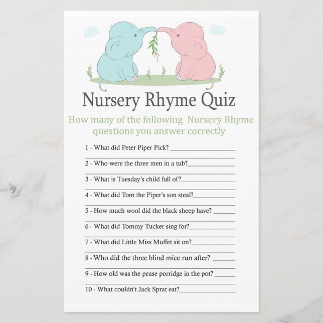 Blue Pink Elephant Nursery Rhyme Quiz baby shower  (Front)