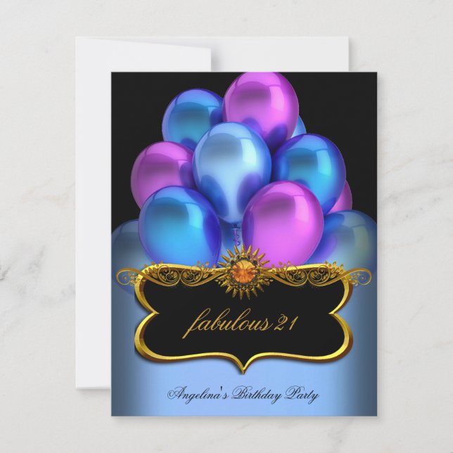 Blue Pink Fabulous Black Gold Balloons Birthday Invitation (Front)