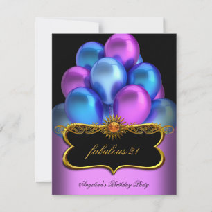 Blue Pink Fabulous Black Gold Balloons Birthday Invitation