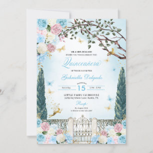 Blue& Pink Fairy Enchanted Garden Quinceanera Invitation