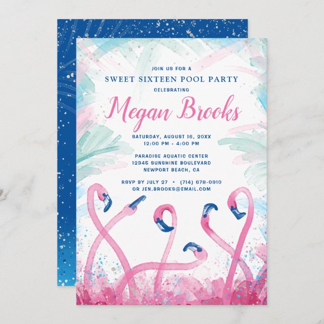 Blue Pink Flamingo Pool Party Sweet 16 Birthday Invitation (Front/Back)