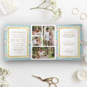 Blue Pink Floral All in One Gold Indian Wedding Tri-Fold Invitation