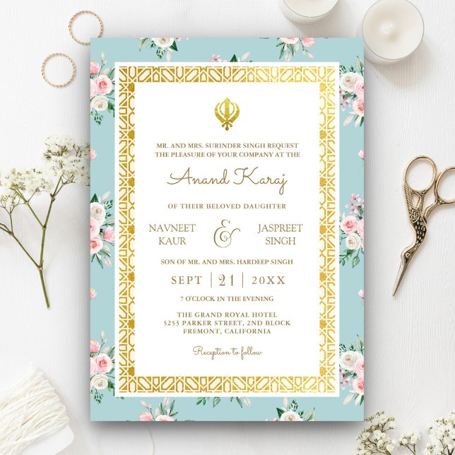 Blue Pink Floral Anand Karaj Punjabi Sikh Wedding Invitation (Creator Uploaded)