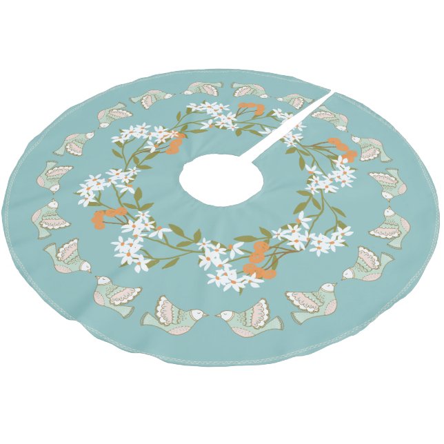 Blue Pink Floral Birds Festive Brushed Polyester Tree Skirt (Angled)