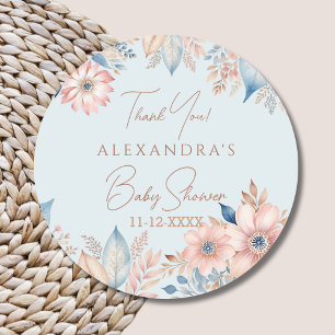 Blue Pink Floral Boho Chic Baby Shower Thank You Classic Round Sticker