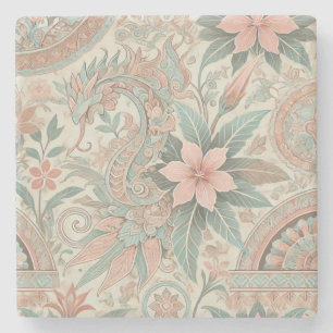 Blue Pink Floral Boho Indonesian Batik Watercolor Stone Coaster