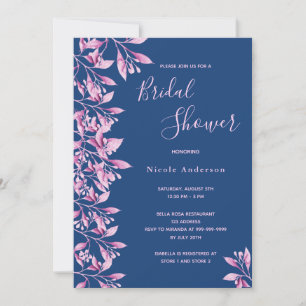 Blue pink floral botanical foliage Bridal Shower Invitation