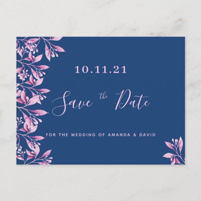 Blue pink floral botanical wedding Save the Date Postcard (Front)