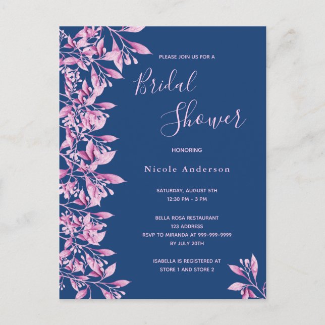 Blue pink floral Bridal Shower invitation Postcard (Front)