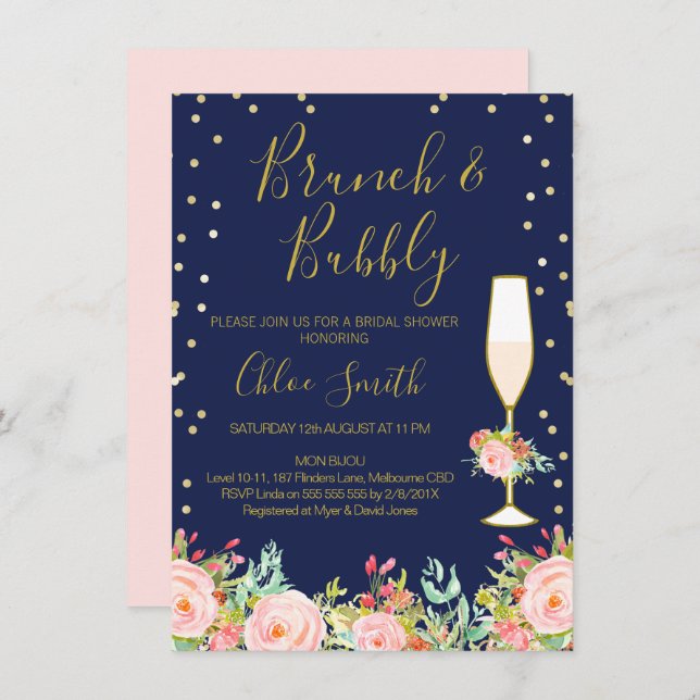 Blue Pink Floral Brunch Bridal Shower Invitation (Front/Back)