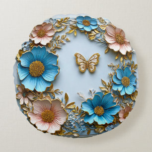 🦋 Blue Pink Floral Butterfly Room Decor Accent 🦋 Round Cushion