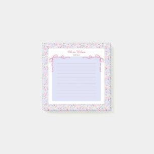 Blue Pink Floral Coquette Bow Custom Name Post-it Notes