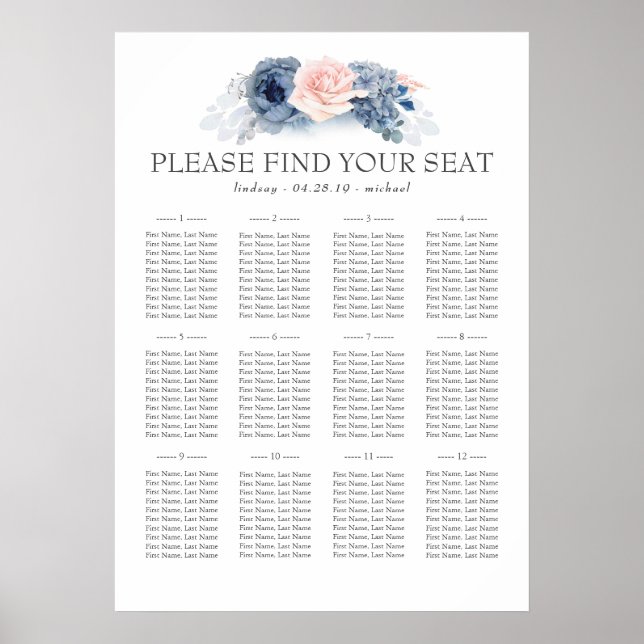 Blue Pink Floral Elegant Wedding Seating Chart (Front)