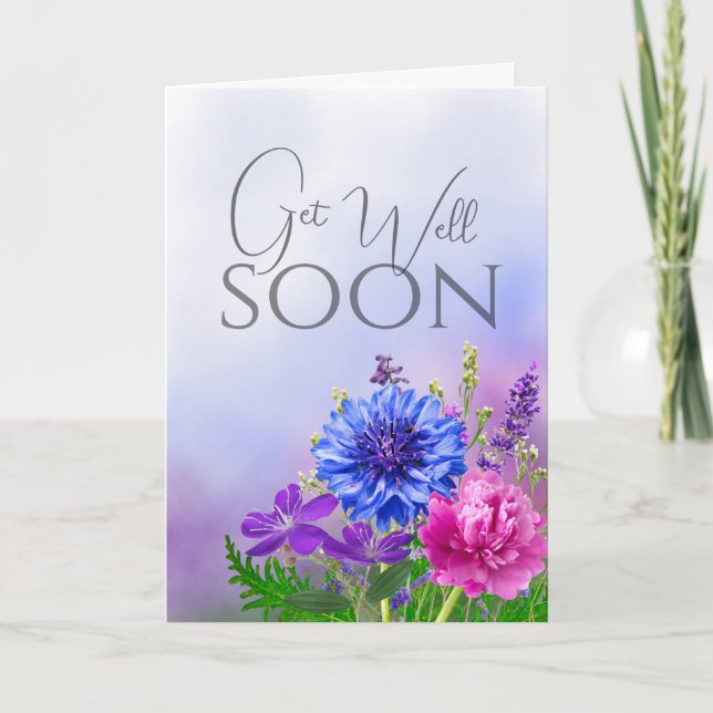 Blue & Pink Floral Get Well Soon Personalized Card (Front)