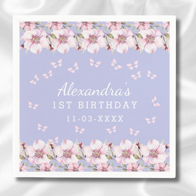 Blue Pink Floral Girl Butterfly 1st Birthday Napkin (Creator Uploaded)