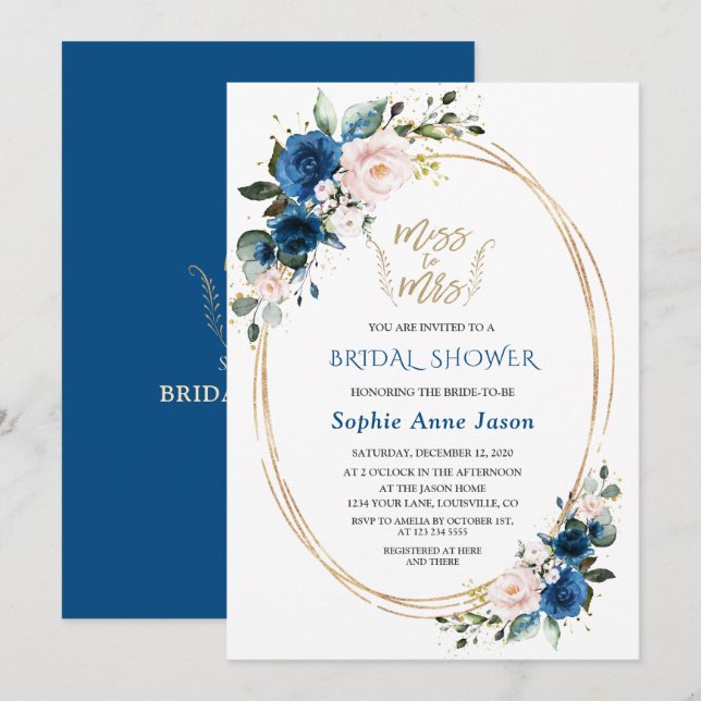 Blue Pink Floral Gold Miss To Mrs Bridal Shower Invitation (Front/Back)