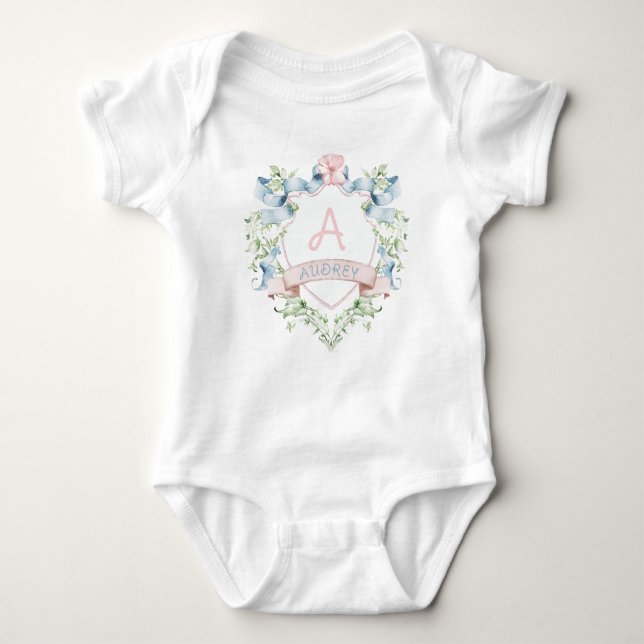 Blue & Pink Floral Grandmillennial Monogram Crest  Baby Bodysuit (Front)