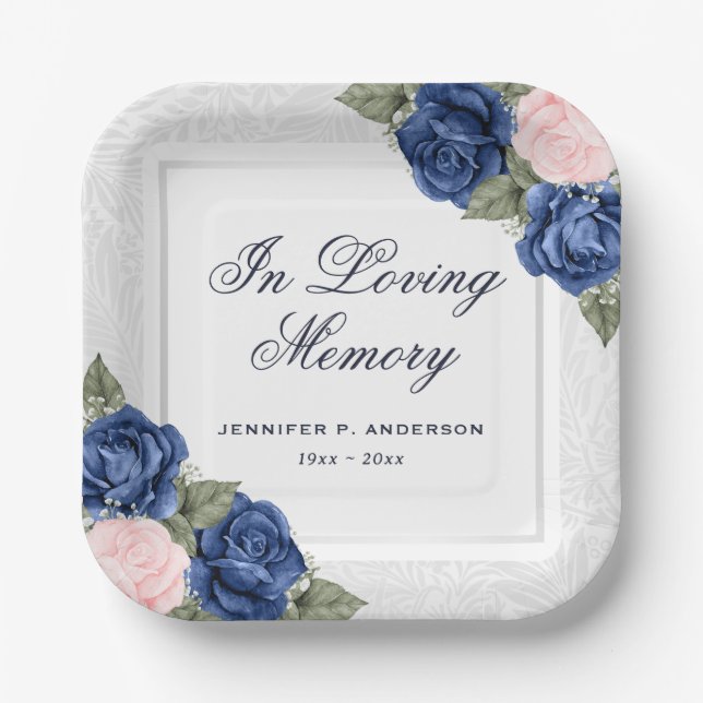 Blue Pink Floral In Loving Memory Funeral Memorial Paper Plate (Front)