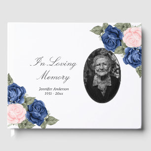 Blue Pink Floral In Loving Memory Funeral Photo Guest Book