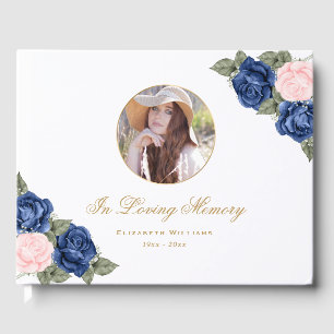 Blue Pink Floral In Loving Memory Funeral Photo Guest Book