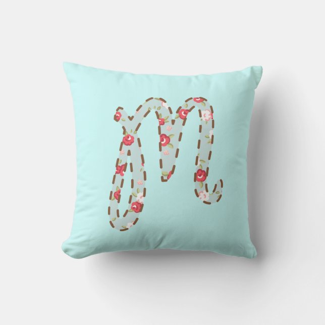Blue Pink Floral Letter M Cushion (Front)